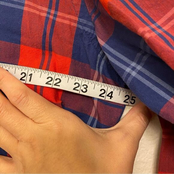 Old Navy red white Blue Striped Plaid Button Up Shirt long sleeve slim fit XL - Picture 6 of 9